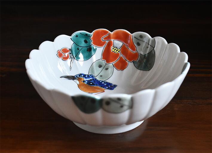 Bol à mijoté Kutani « camélia et martin-pêcheur », 15 cm · Fukuda Yoshinori (vue 2)