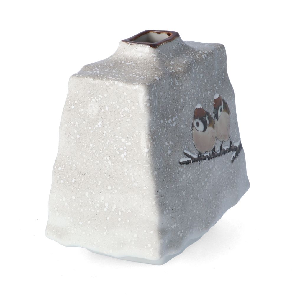 Vase plat trapèze « deux moineaux sous la neige » · Nakamura Tōshito (vue 6)