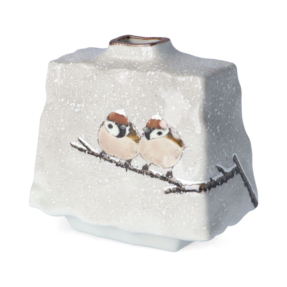 Vase plat trapèze « deux moineaux sous la neige » · Nakamura Tōshito